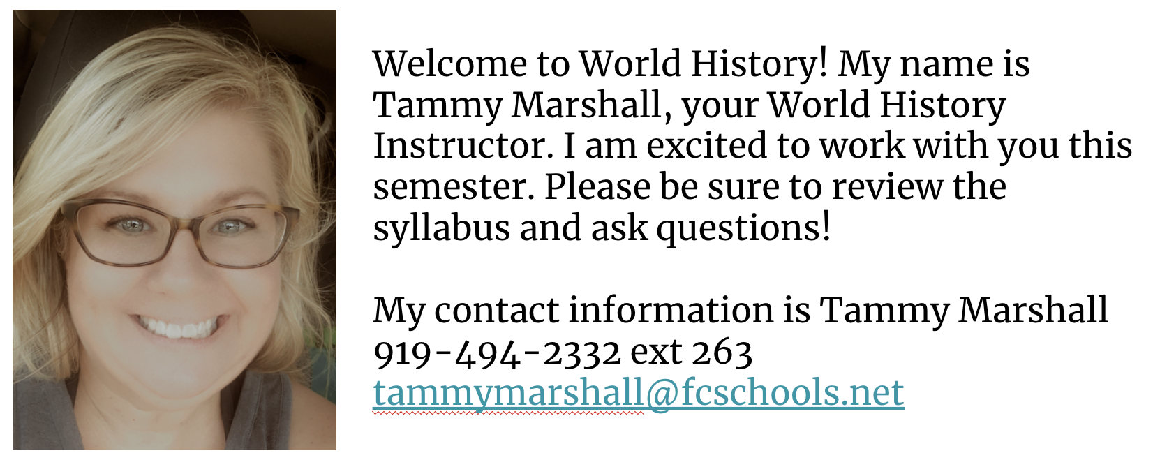 Welcome information and teacher contact info